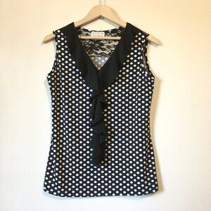 Brochure Rockabilly B&W Polka Dot Ruffle & Lace Sleeveless Pin Up Blouse